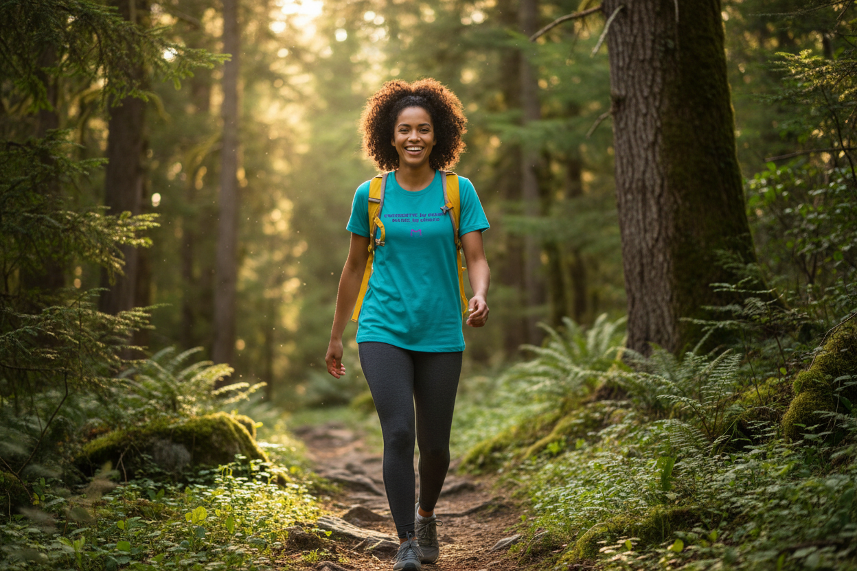 Person wearing Energetic by Nature Teal t-shirt outdoors in nature