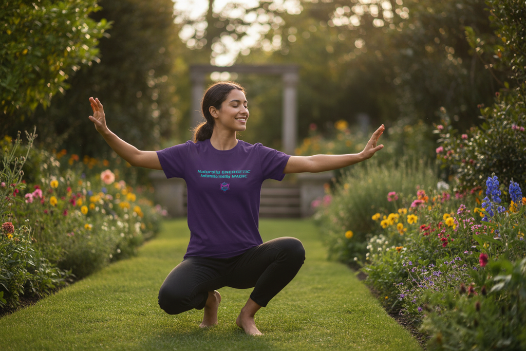 Person wearing Naturally Energetic purple t-shirt outdoors in park