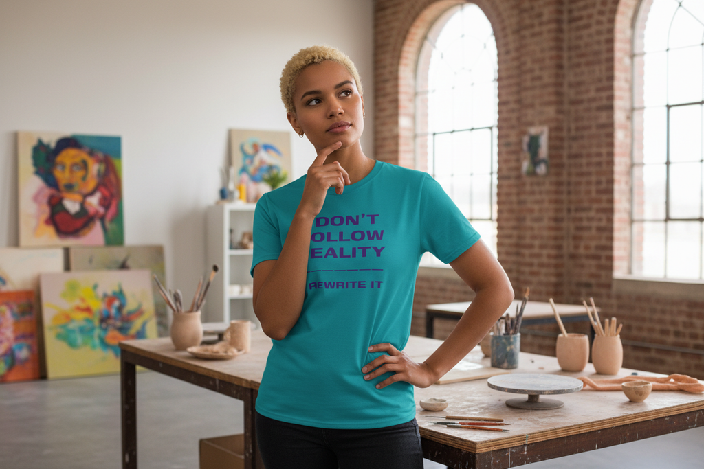 Person wearing Rewrite Reality teal t-shirt at art gallery or creative studio