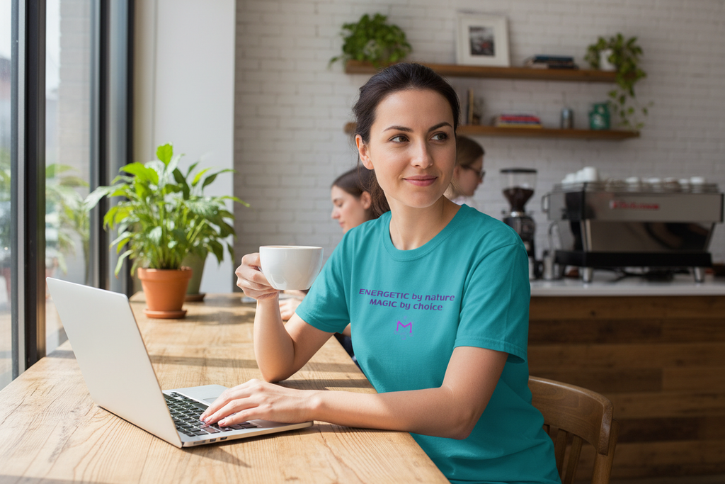 Person wearing Energetic by Nature Teal t-shirt in urban coffee shop