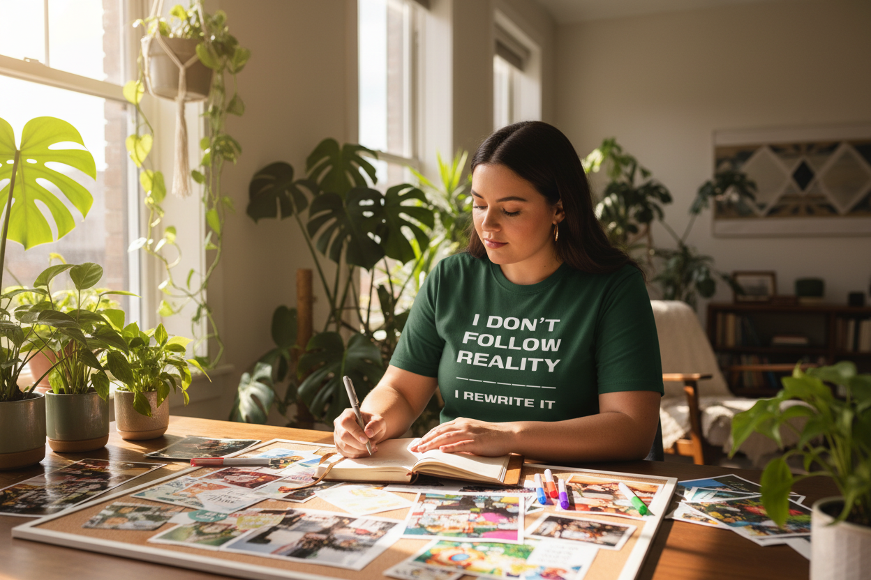 Plus-size person wearing Rewrite Reality forest green t-shirt vision boarding