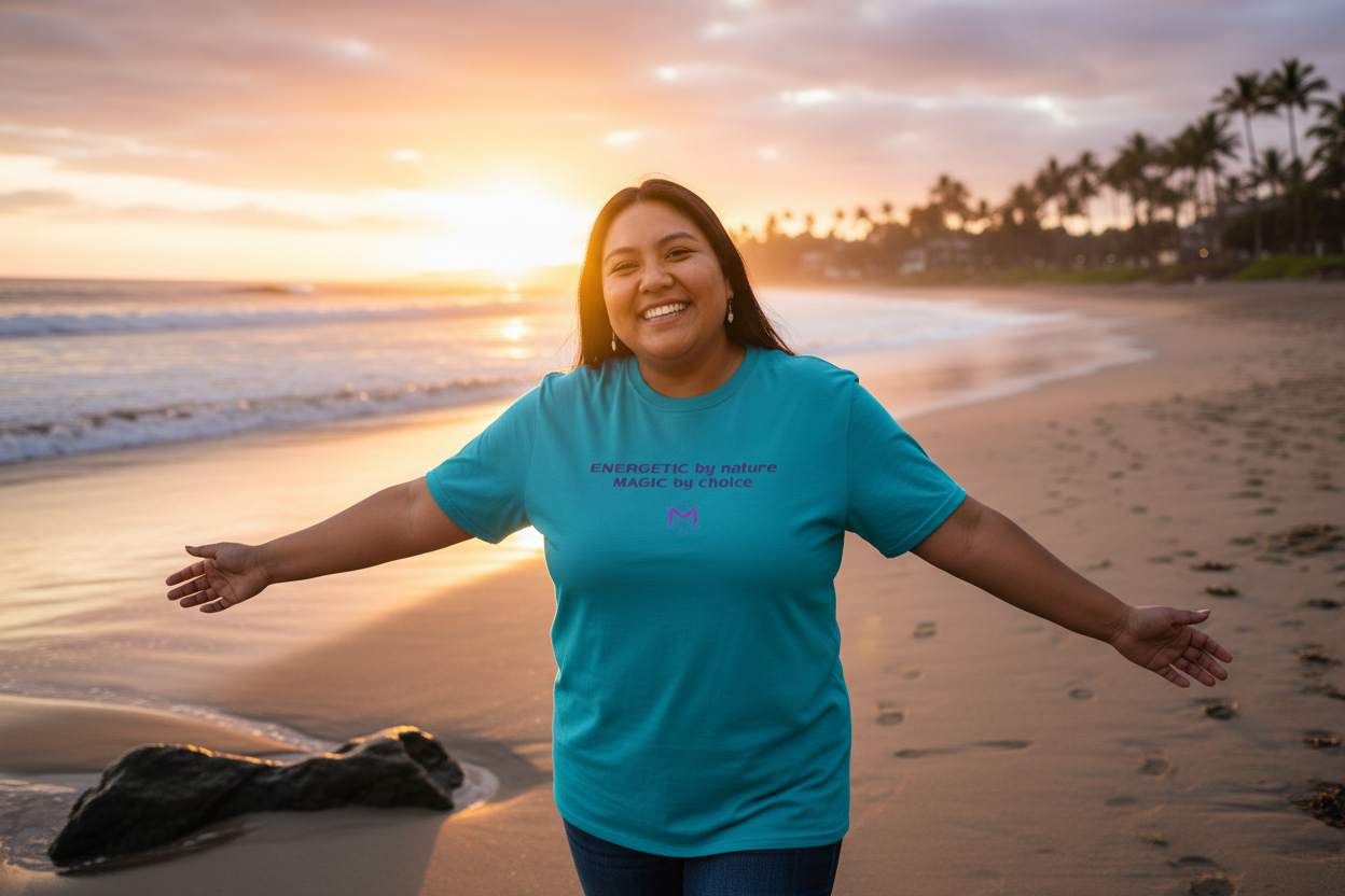 Plus-size Indigenous person wearing Energetic by Nature teal t-shirt enjoying nature