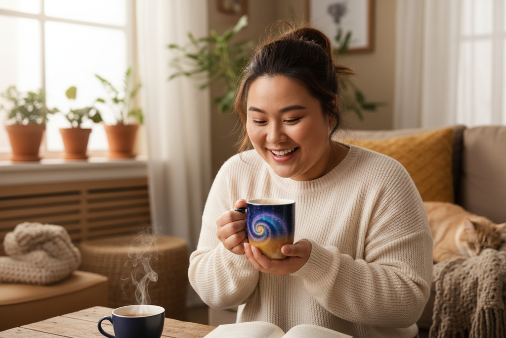 Curvy Asian person delighted with color-changing mug revealing design