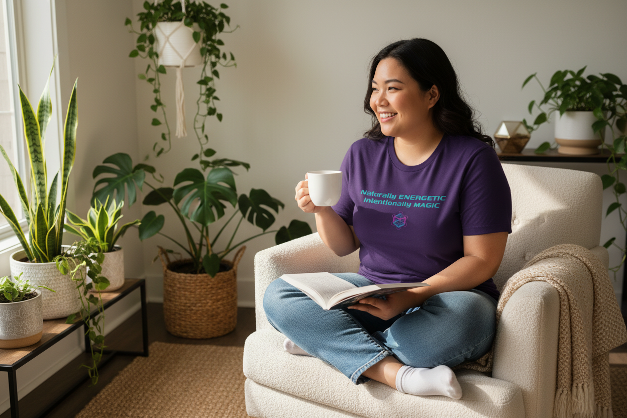 Curvy Asian person wearing Naturally Energetic purple t-shirt at home with coffee