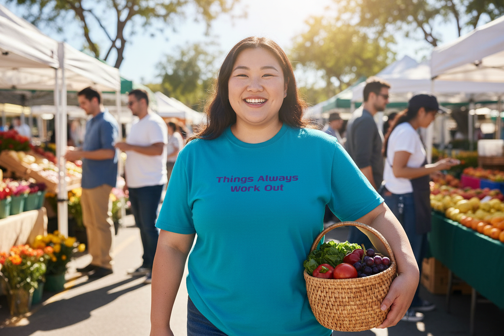 Plus-size Asian person wearing Things Always Work Out teal t-shirt at farmers market