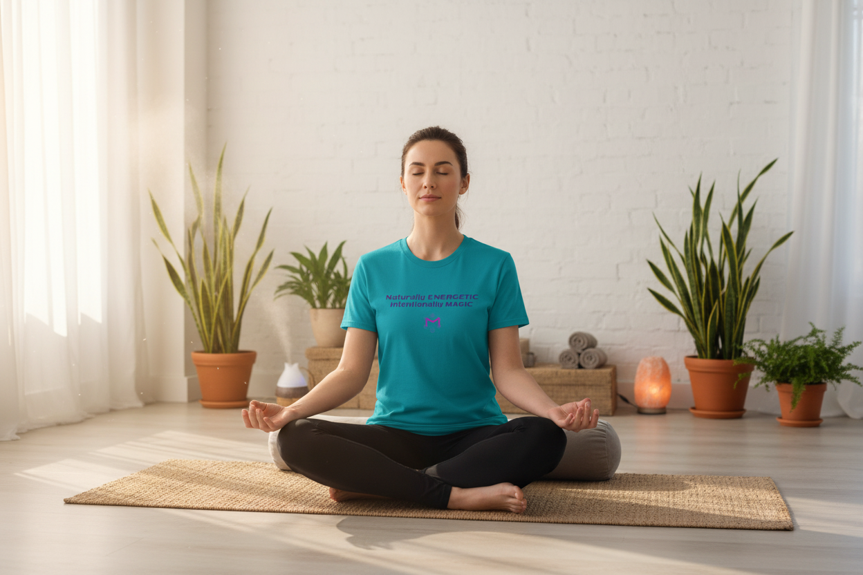Person wearing Naturally Energetic teal t-shirt in yoga wellness space