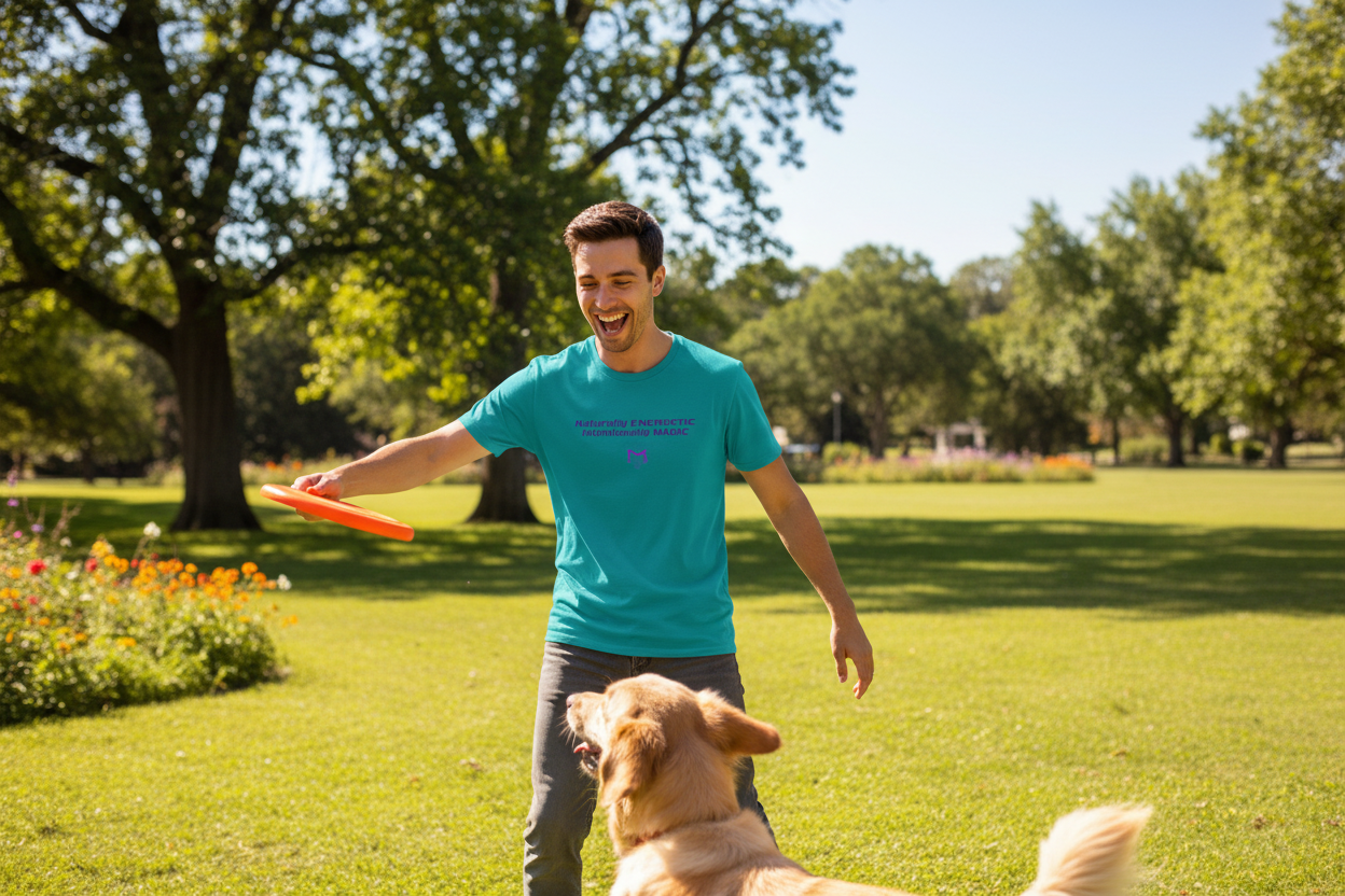 Person wearing Naturally Energetic teal t-shirt doing outdoor activity