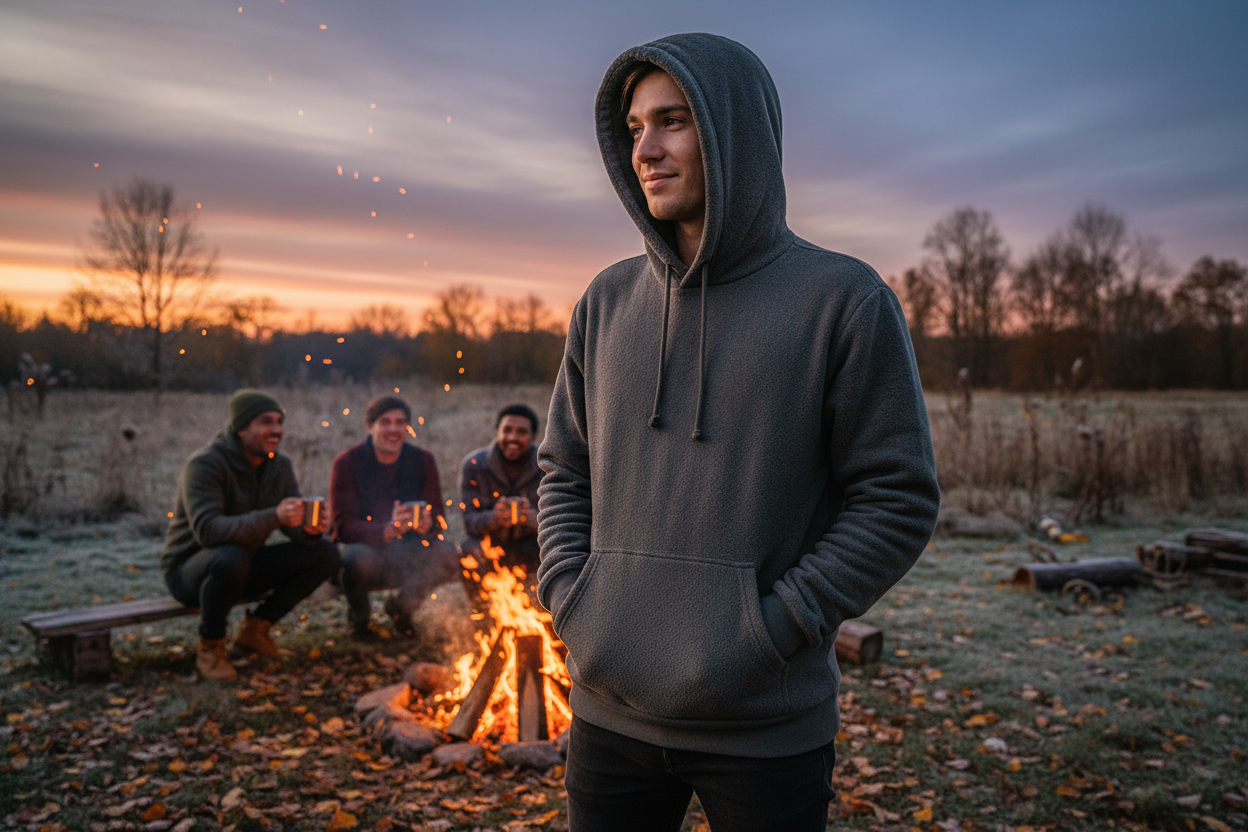 Person wearing premium pullover hoodie outdoors during fall