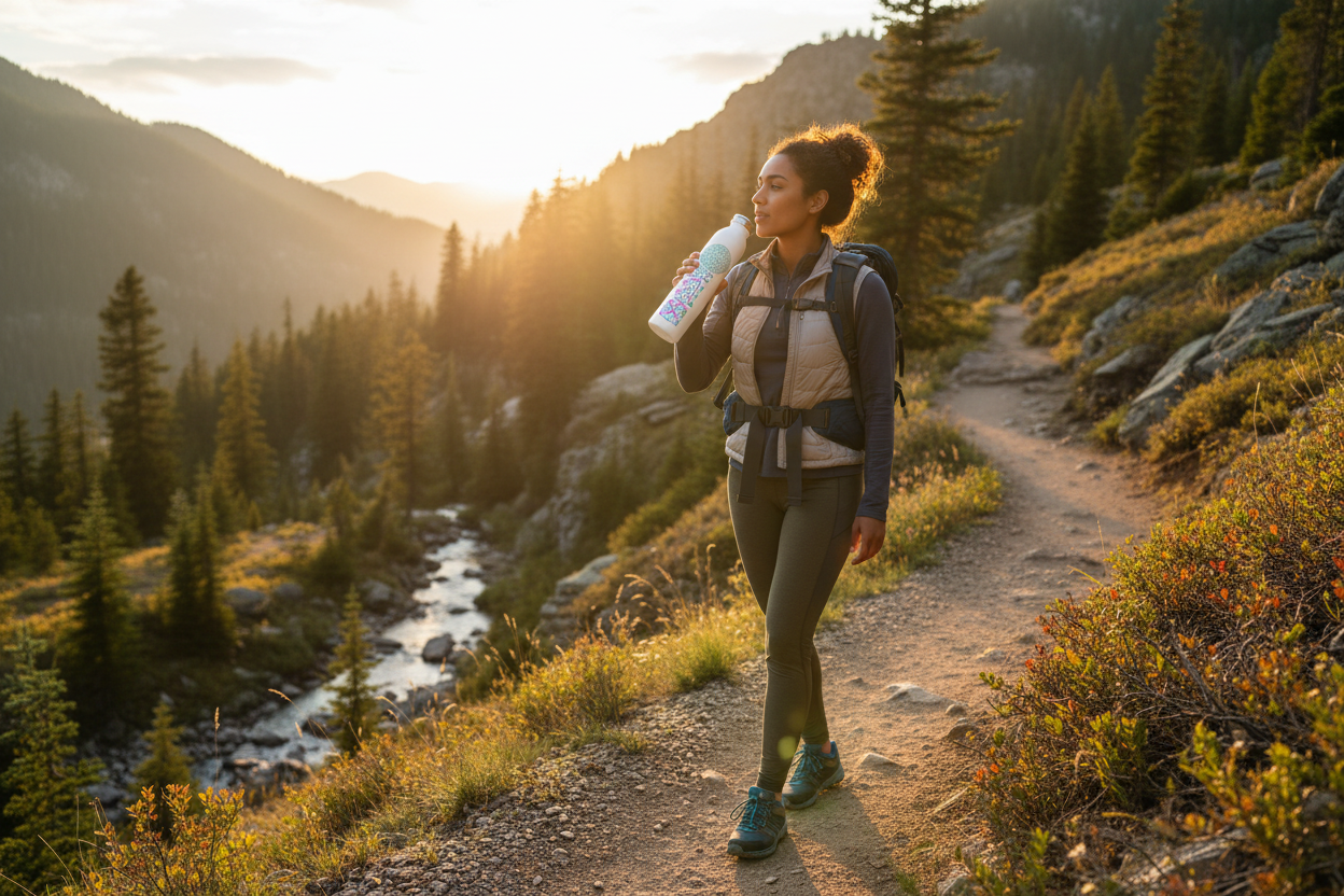 Person carrying Energetic H2O water bottle while hiking outdoors in nature