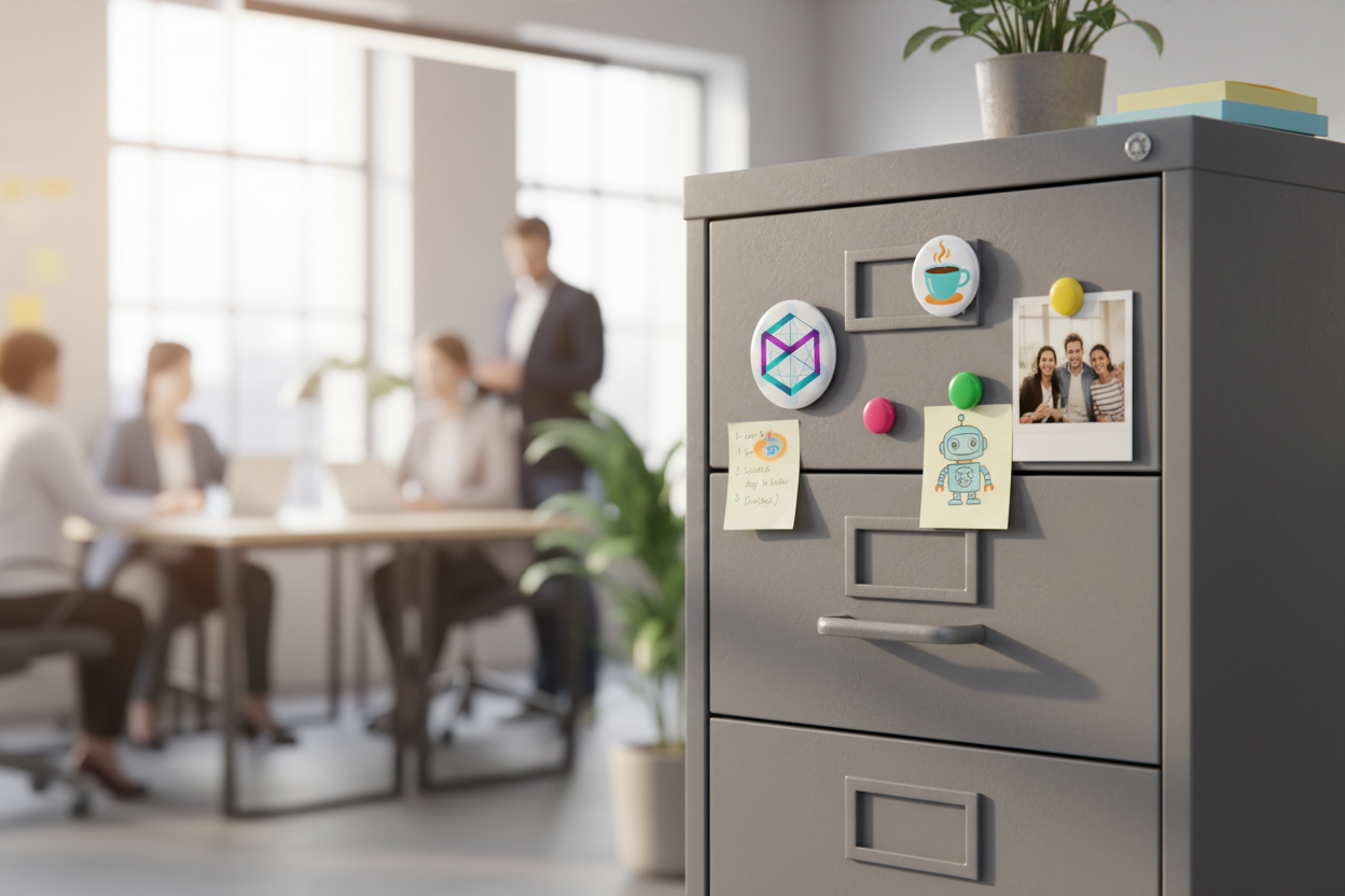 Round button magnets on locker or whiteboard in office setting