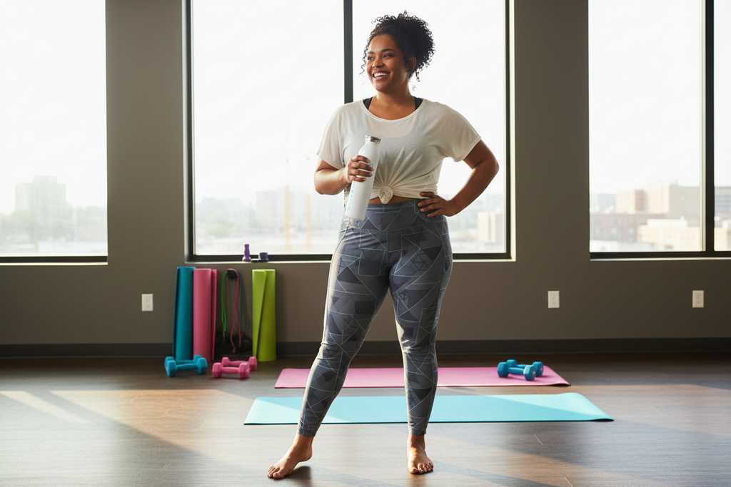 Plus-size person holding Energetic H2O water bottle at gym or yoga studio
