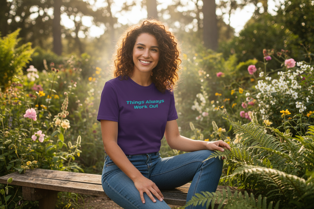 Person wearing Things Always Work Out purple t-shirt outdoors in peaceful garden