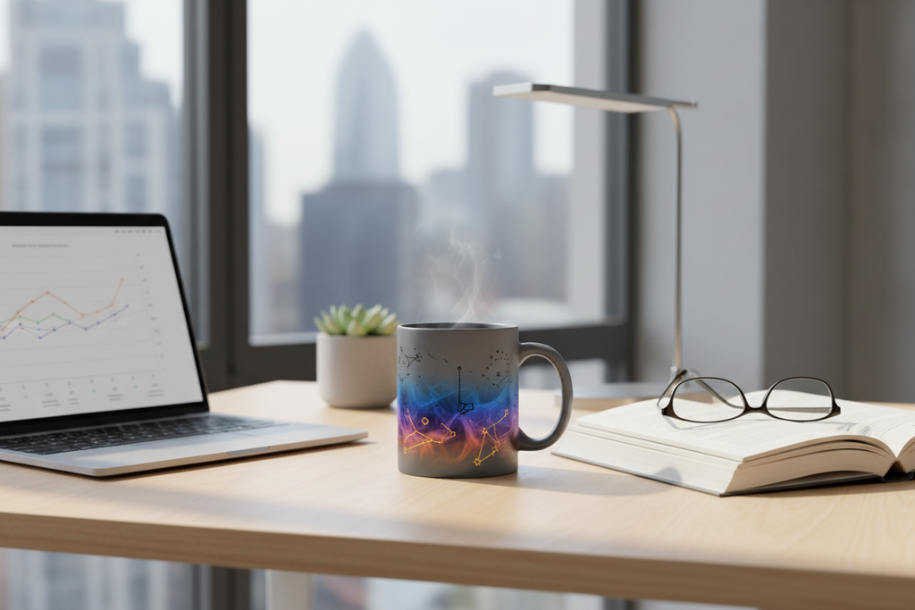 Color-changing mug on desk showing heat-reactive design transformation