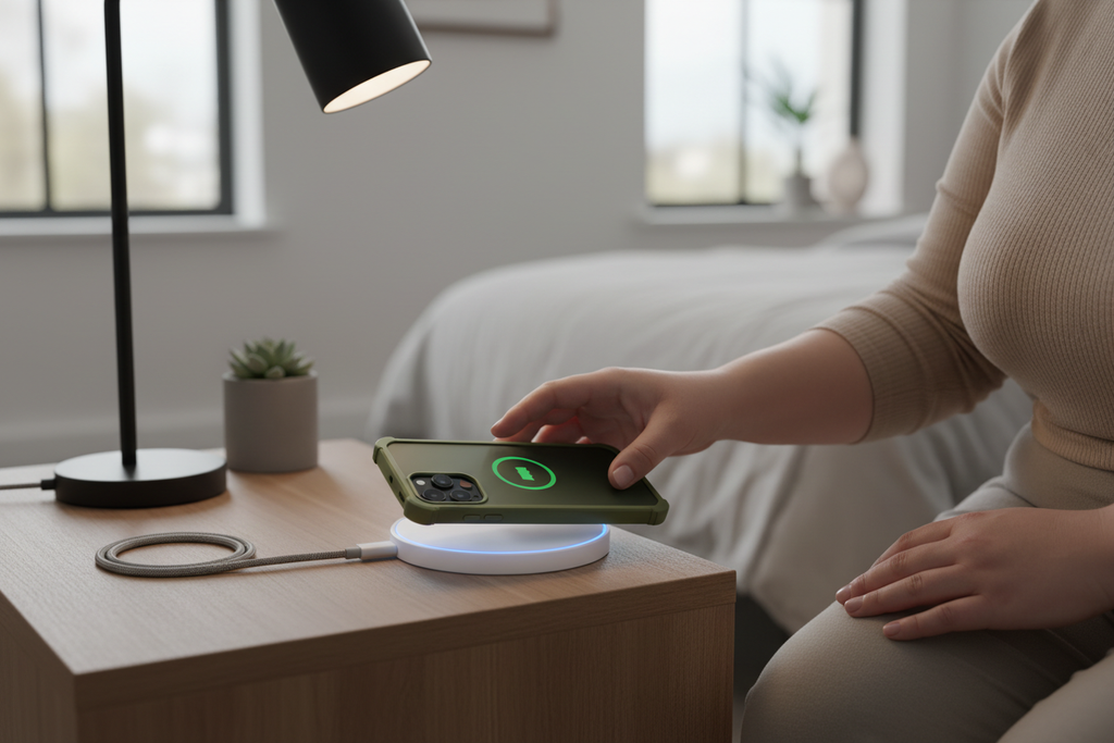 Person placing phone with case on wireless charger