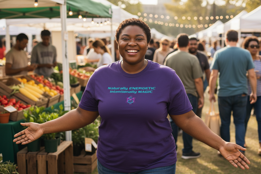 Plus-size Black person wearing Naturally Energetic purple t-shirt at farmers market