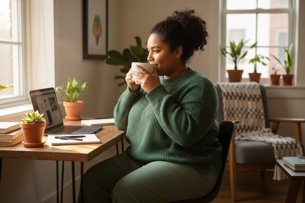 Plus-size person enjoying coffee from 15oz mug while working