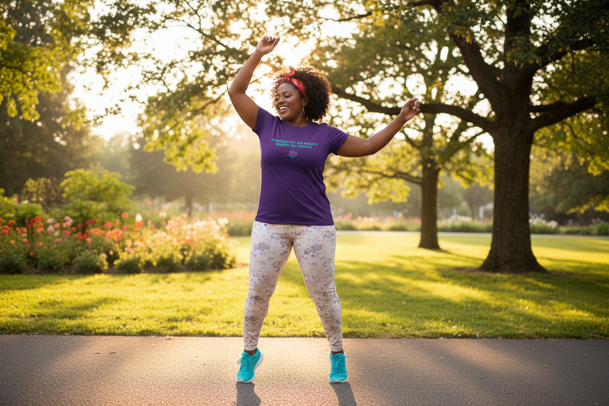 Plus-size person wearing Energetic by Nature purple t-shirt outdoors looking vibrant