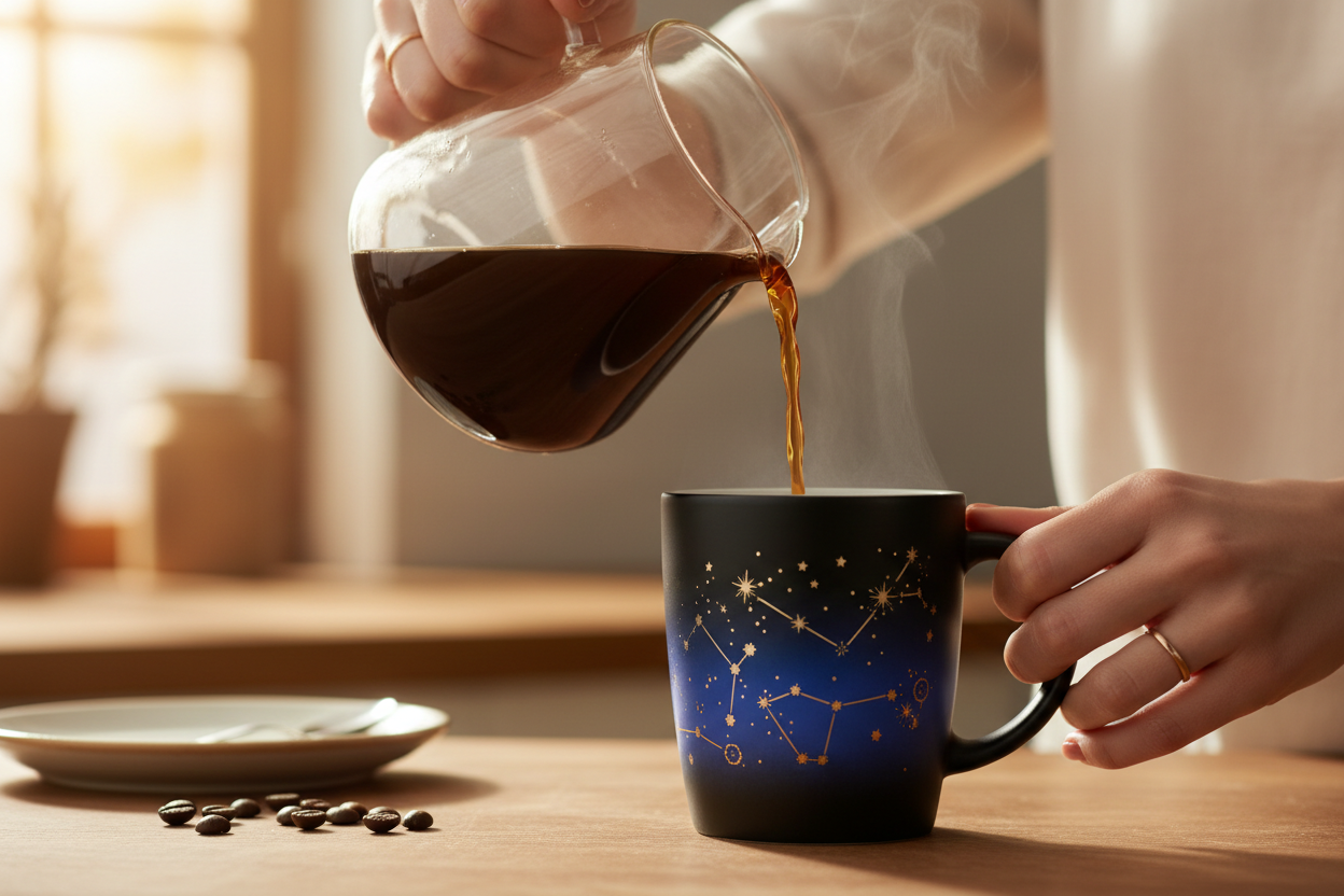 Pouring hot coffee into color-changing mug showing magical transformation