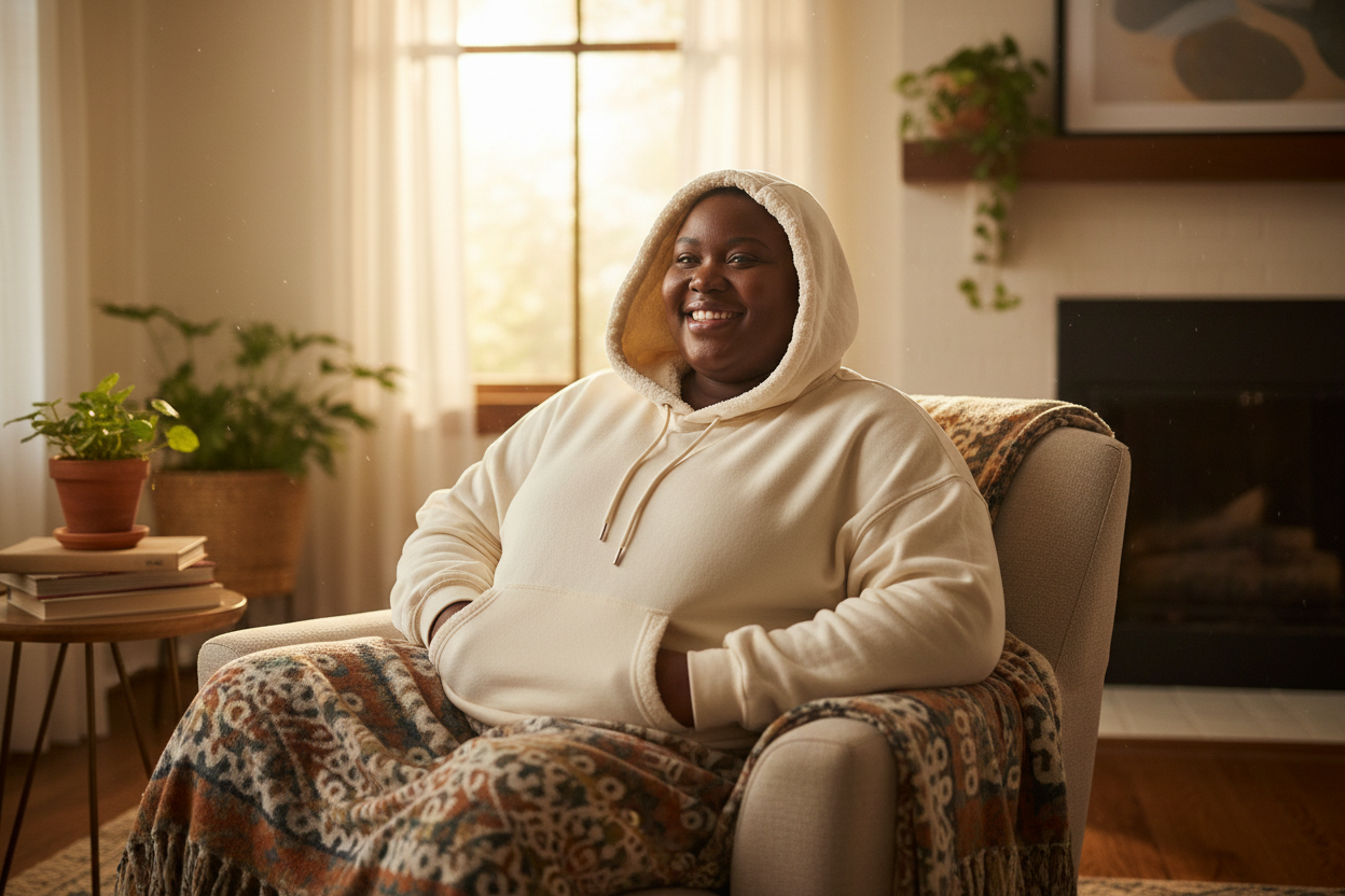 Plus-size Black person wearing cozy fleece hoodie relaxing at home