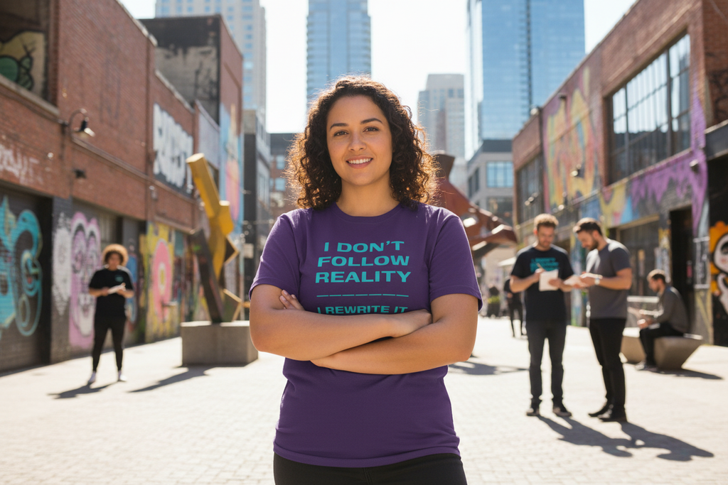 Curvy person wearing Rewrite Reality purple t-shirt in urban creative setting