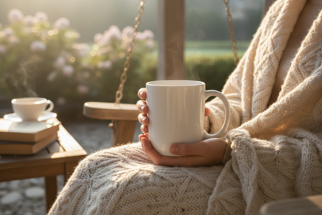 Person holding 15oz mug outdoors on porch during peaceful morning