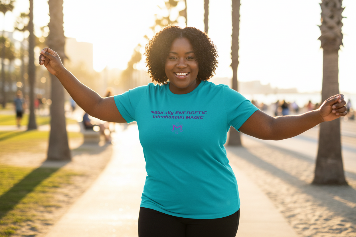Plus-size Black person wearing Naturally Energetic teal t-shirt enjoying outdoor activities