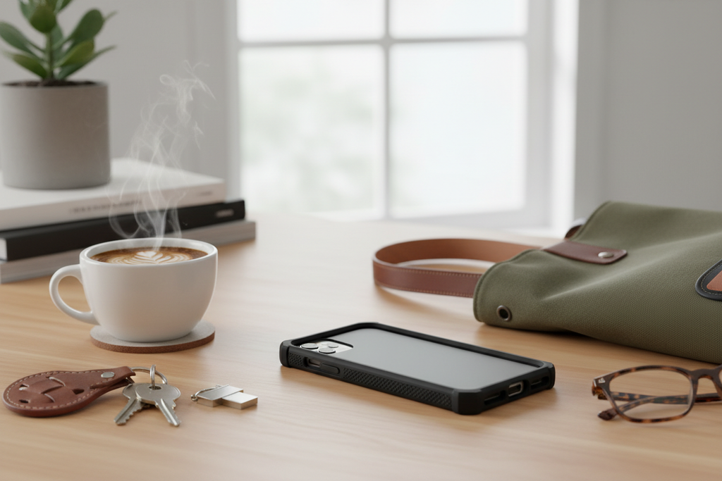 Phone with protective case on table with everyday items