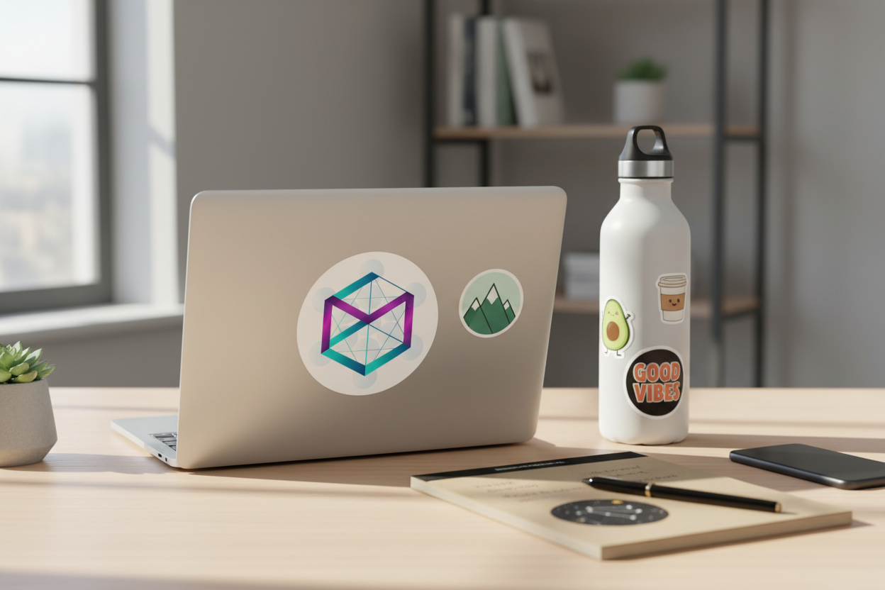 Round vinyl stickers on laptop, water bottle, and notebook on desk