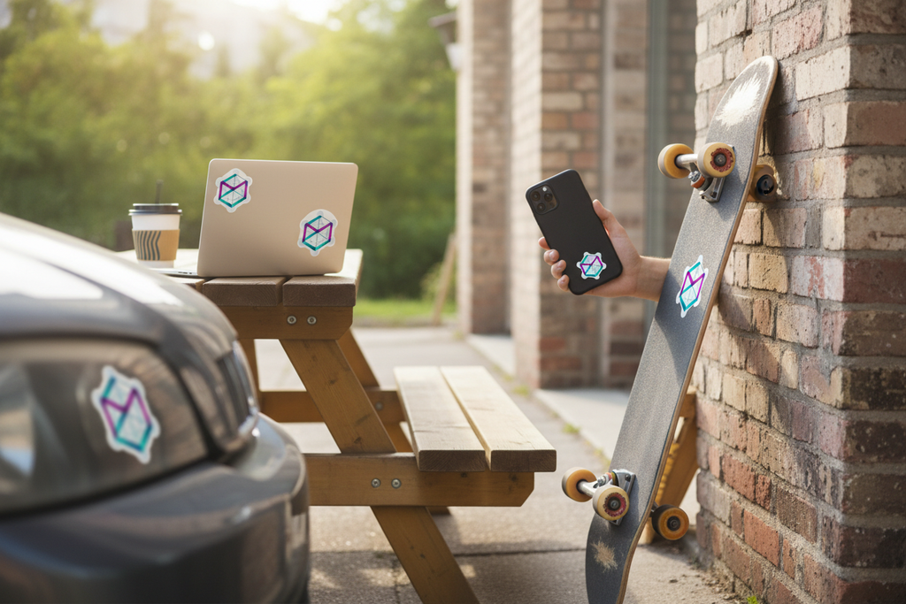 Collection of round stickers on various surfaces showing versatility