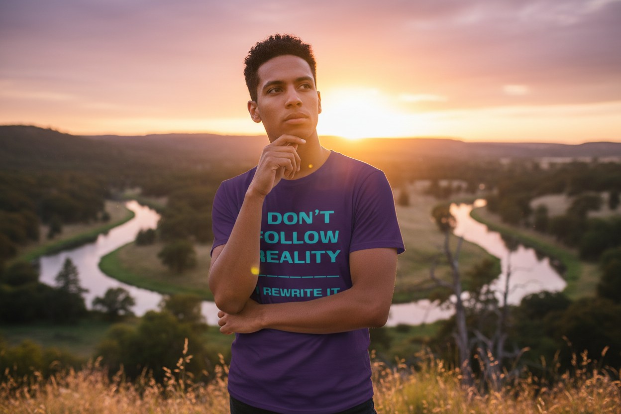 Person wearing Rewrite Reality purple t-shirt at sunset golden hour