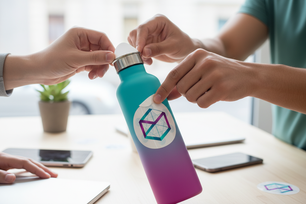 Hands applying round vinyl sticker to water bottle or laptop