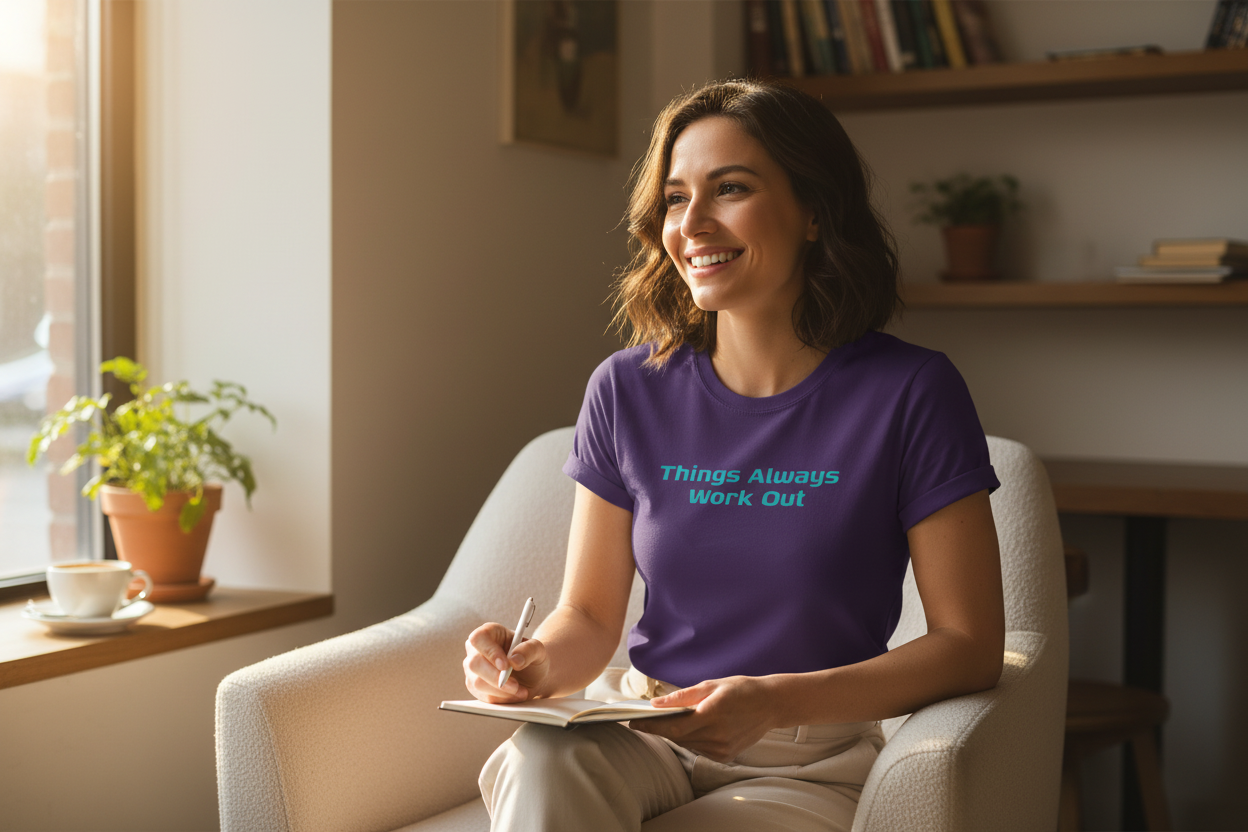 Person wearing Things Always Work Out purple t-shirt in cozy mindful setting