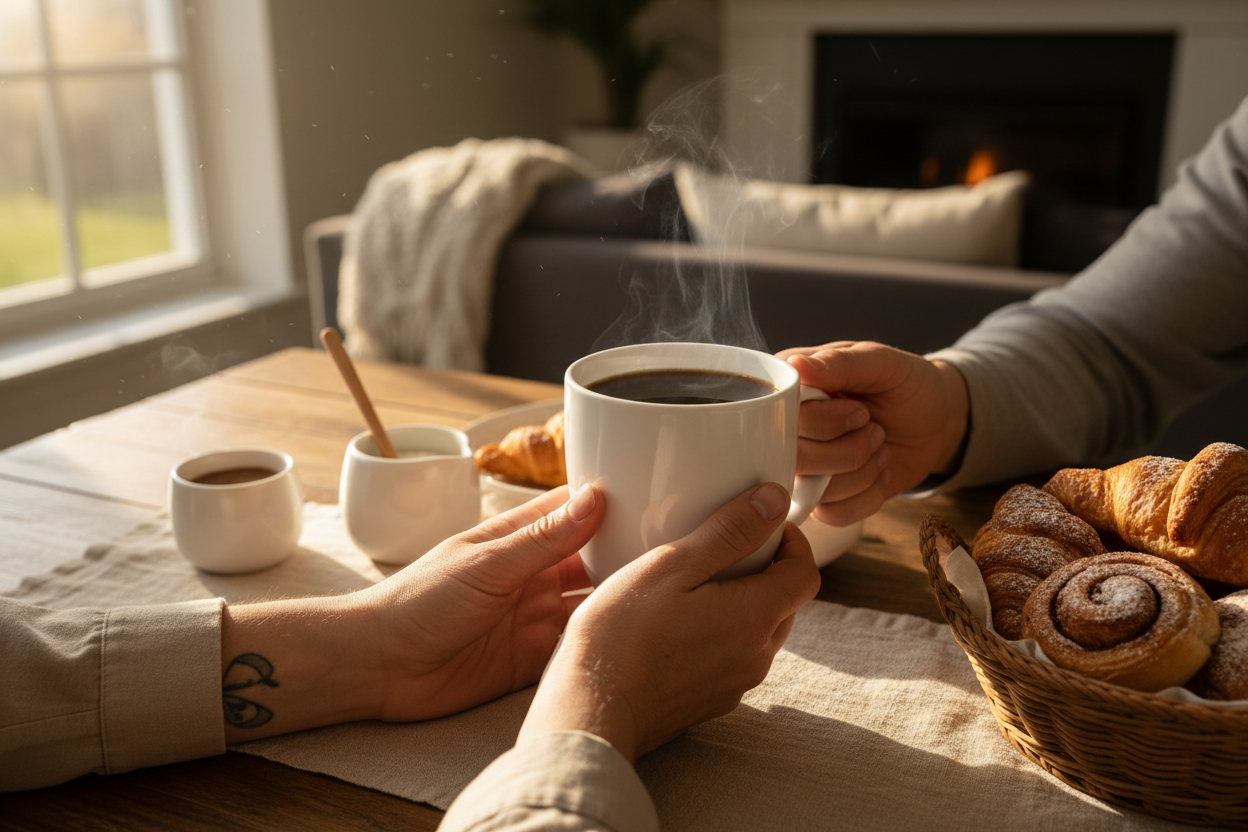 Hands holding 15oz ceramic mug at breakfast table with morning light