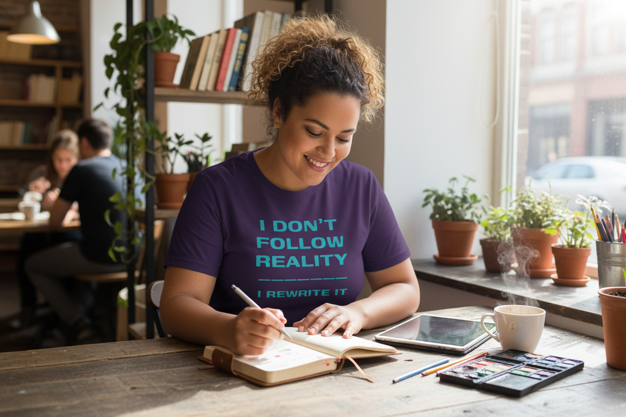 Plus-size person wearing Rewrite Reality purple t-shirt journaling