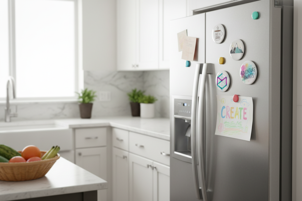 Round button magnets displayed on refrigerator in modern kitchen