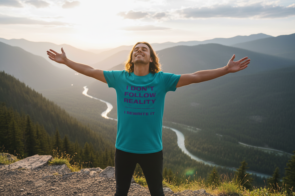 Person wearing Rewrite Reality teal t-shirt outdoors in nature looking empowered