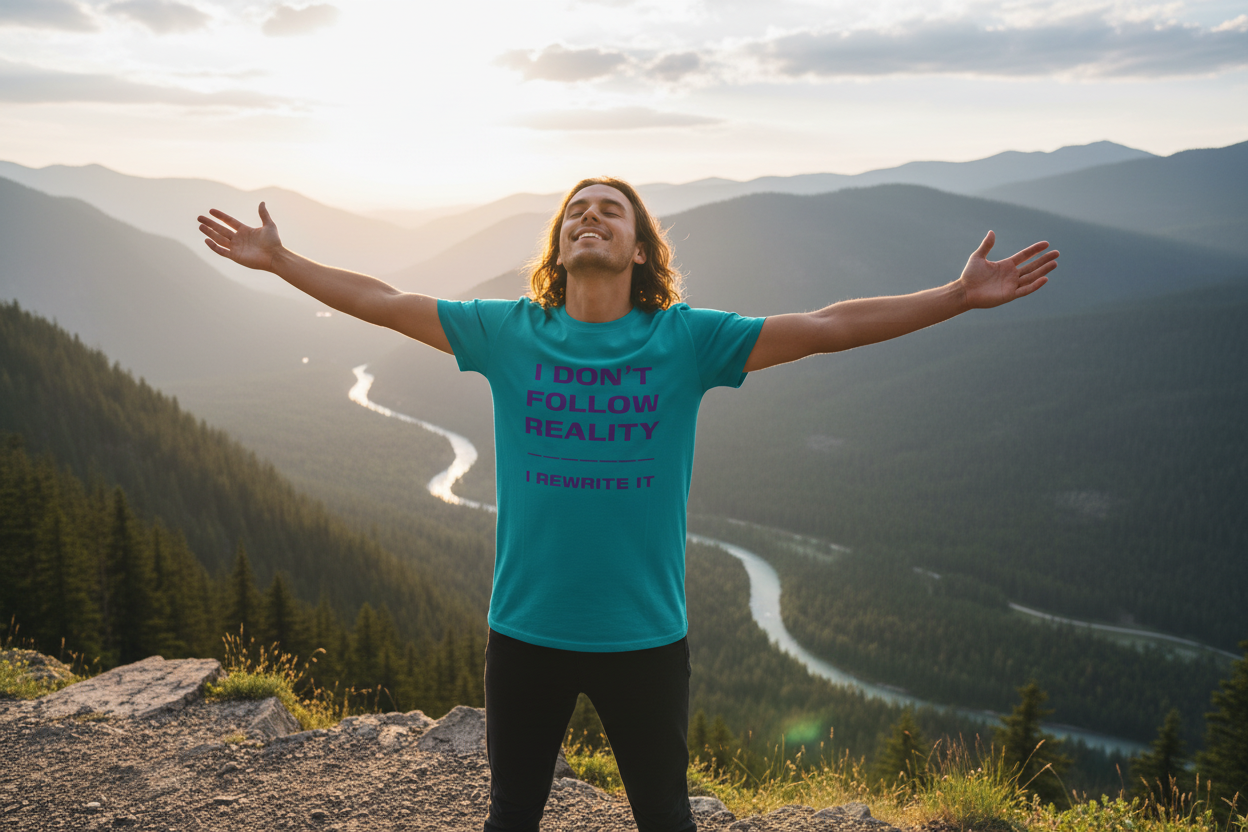 Person wearing Rewrite Reality teal t-shirt outdoors in nature looking empowered