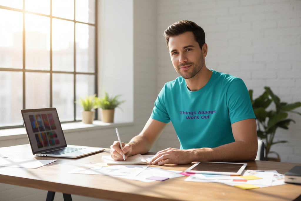 Person wearing Things Always Work Out teal t-shirt in creative workspace