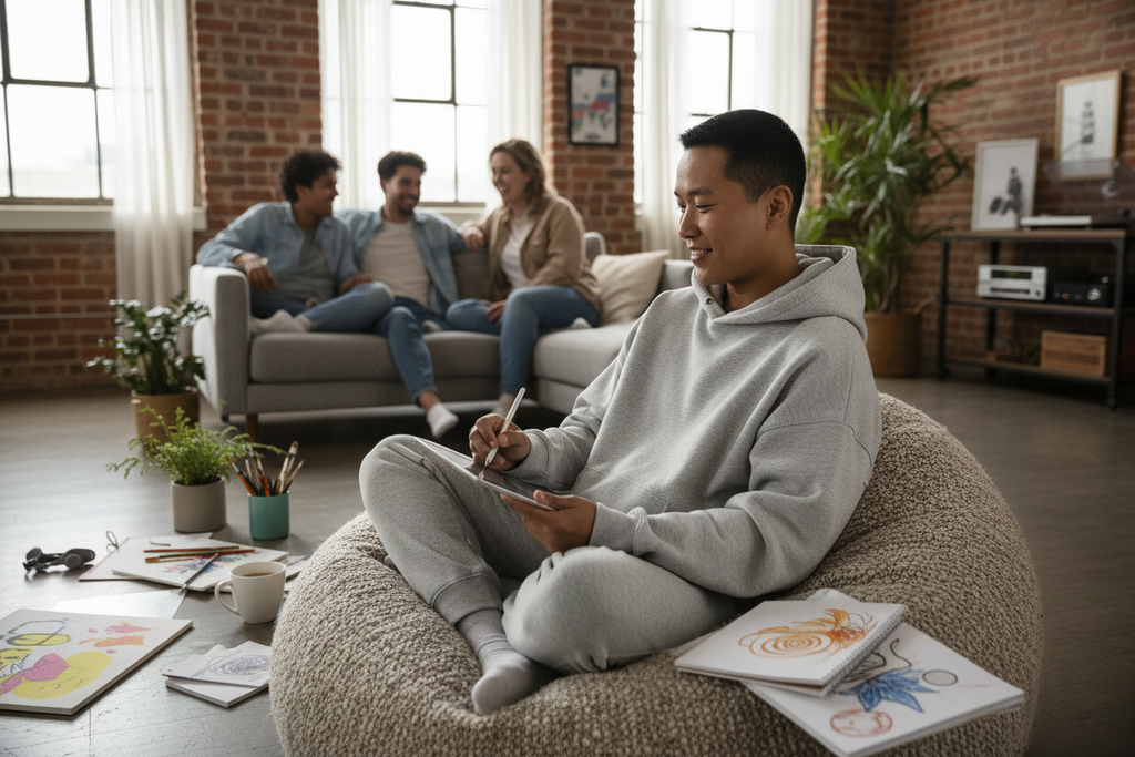 Person wearing comfortable fleece hoodie with friends in casual setting