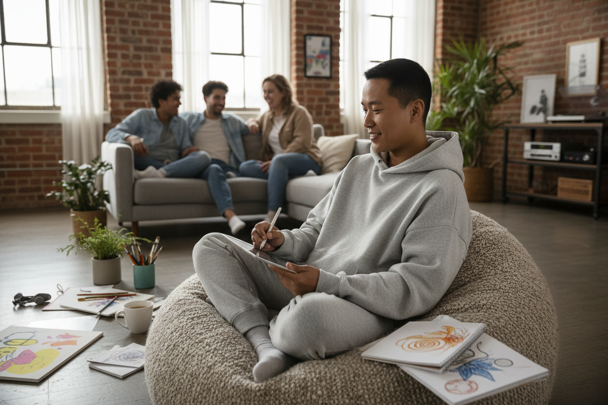 Person wearing comfortable fleece hoodie with friends in casual setting