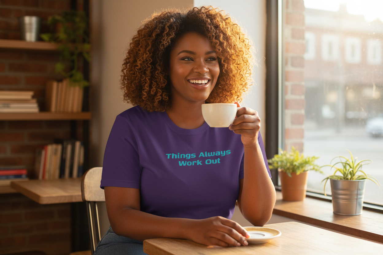 Plus-size person of color wearing Things Always Work Out purple t-shirt looking confident