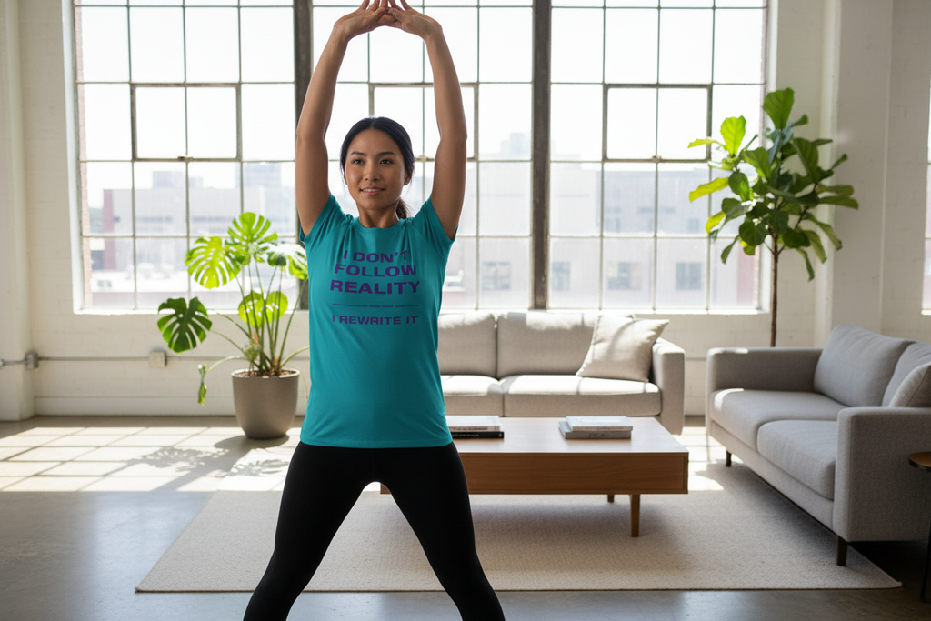 Person wearing Rewrite Reality teal t-shirt in bright modern apartment morning routine