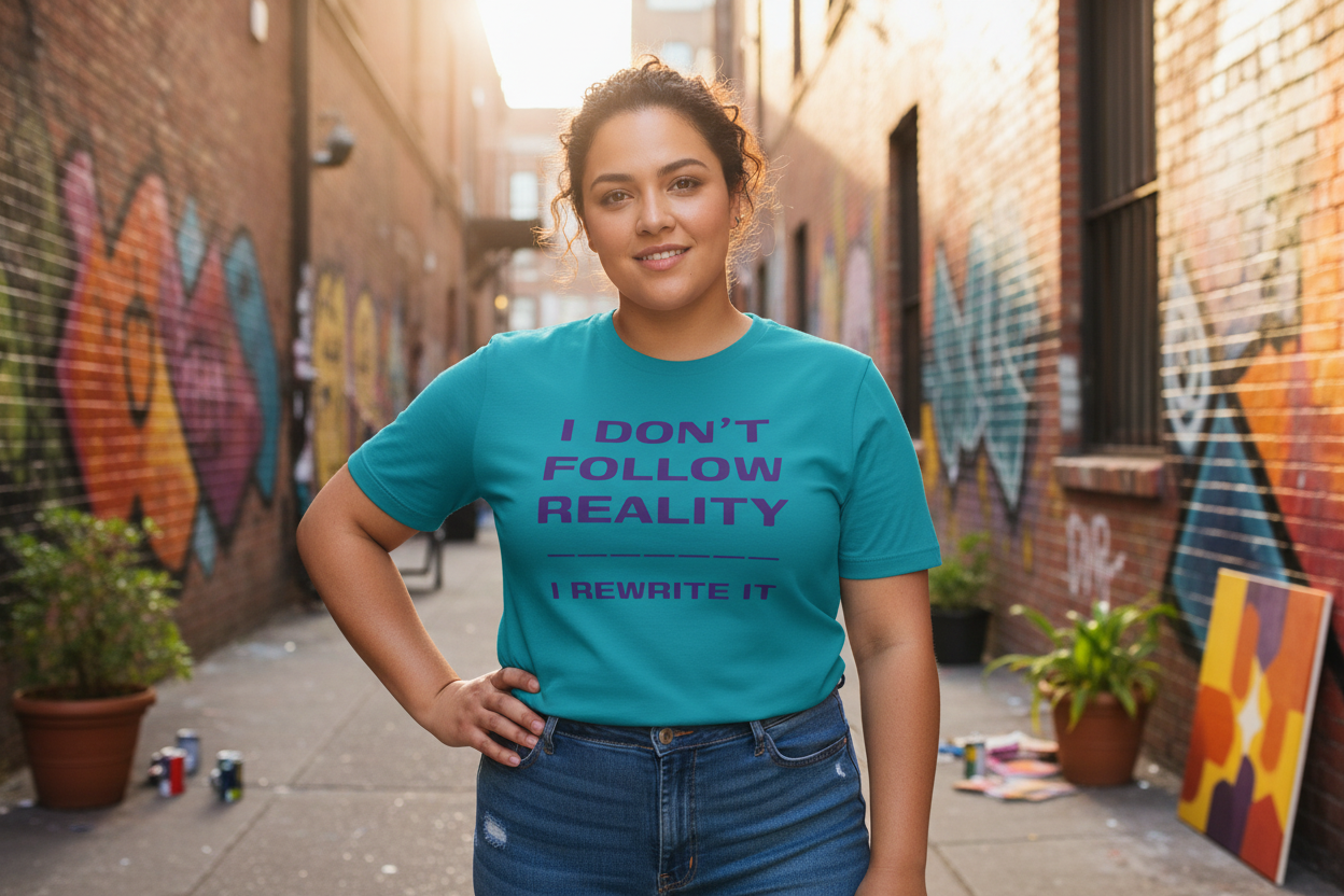 Curvy Latina person wearing Rewrite Reality teal t-shirt in urban creative space