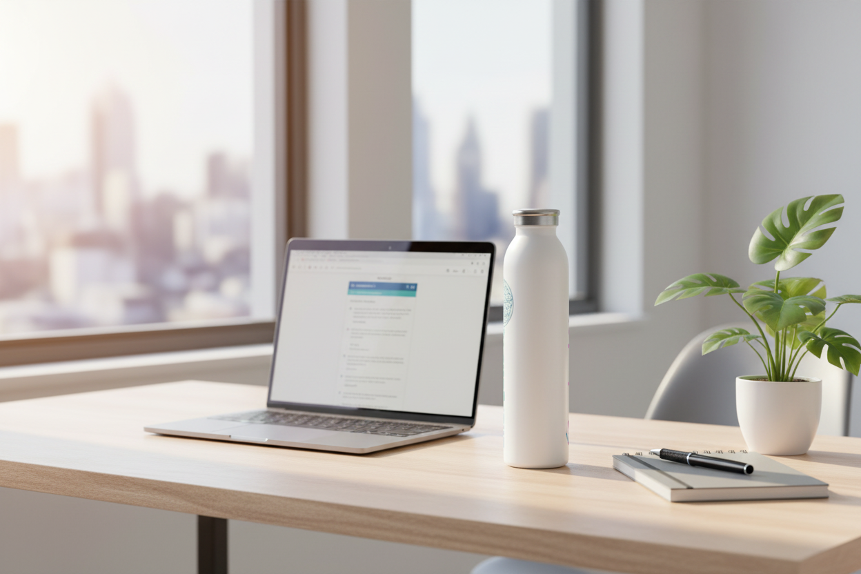 Energetic H2O water bottle on desk in modern office workspace