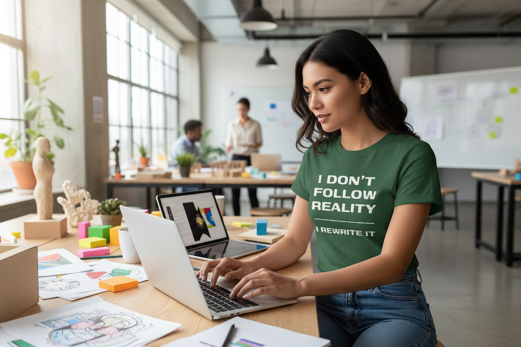 Person wearing Rewrite Reality forest green t-shirt in creative workspace