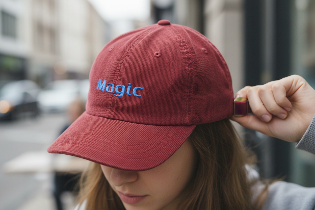 Close-up of burgundy Magic corduroy cap showing blue embroidery and gold buckle
