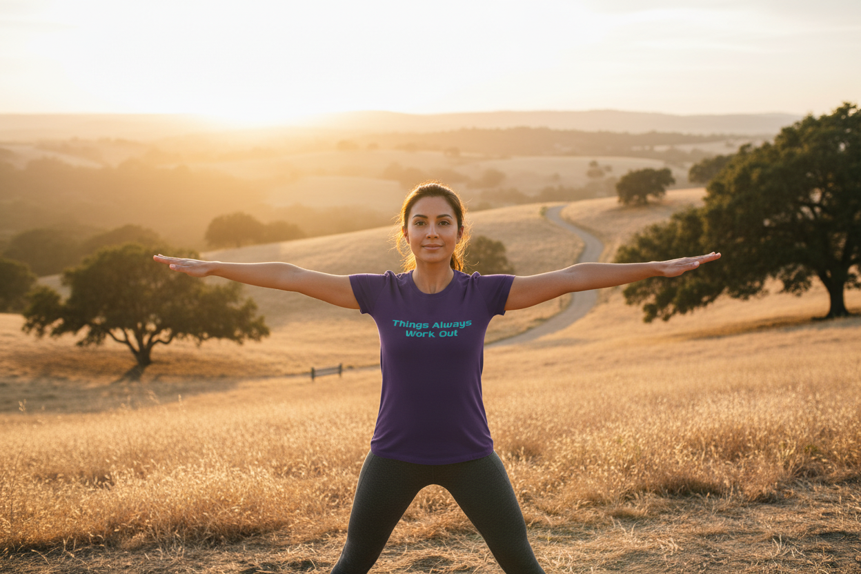 Person wearing Things Always Work Out purple t-shirt outdoors in nature